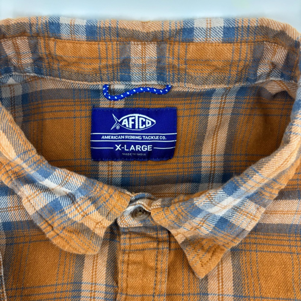 AFTCO Mens Button Up Shirt XL Orange Plaid Flannel Stretch Long Sleeve Coastal - Picture 3 of 9